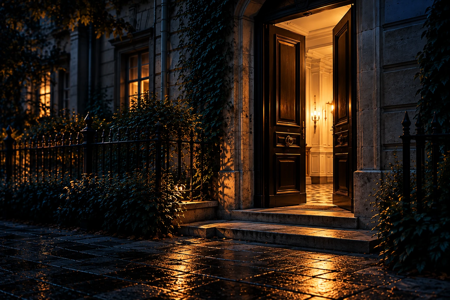 Una puerta abierta deja salir luz cálida hacia una calle nocturna.