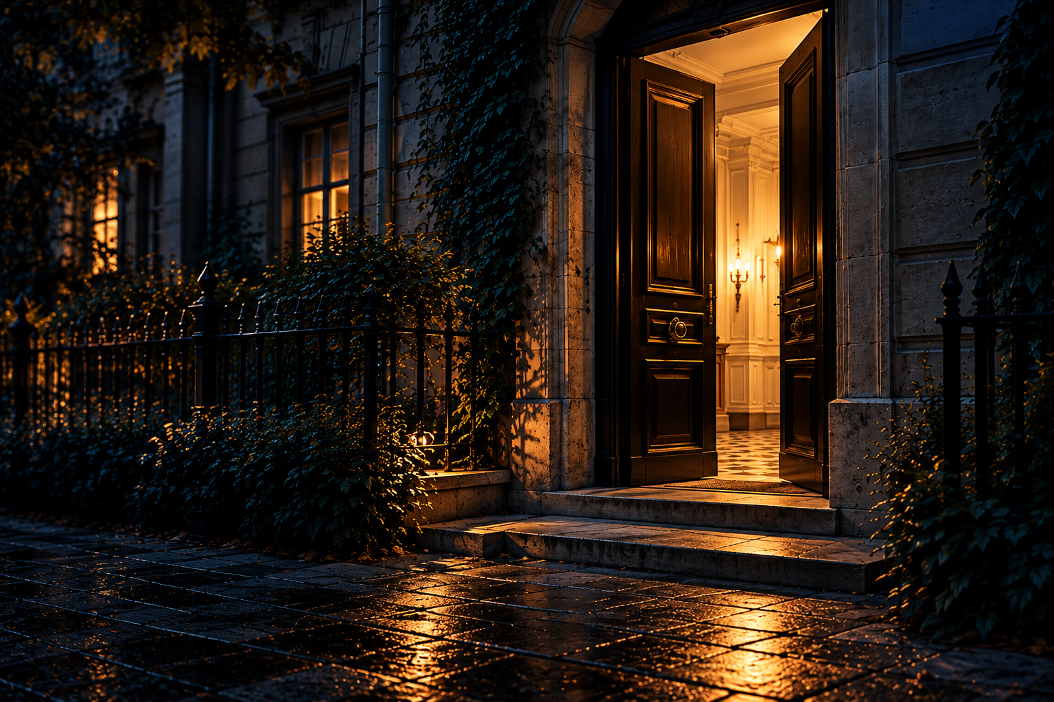Una puerta abierta deja salir luz cálida hacia una calle nocturna.